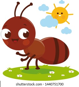 Cute ant cartoon in the grass. Vector illustration.