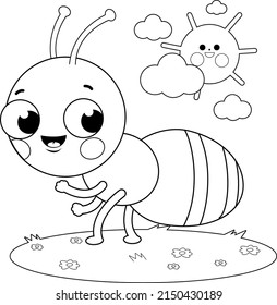 Cute ant cartoon in the grass. Vector black and white coloring page.