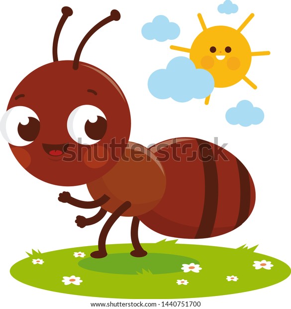 Cute ant\
cartoon in the grass. Vector\
illustration.