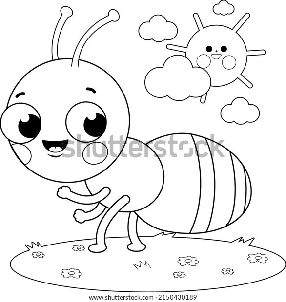 Cute ant cartoon in the grass. Vector black and\
white coloring page.