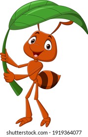 Cute ant cartoon holding green leaf