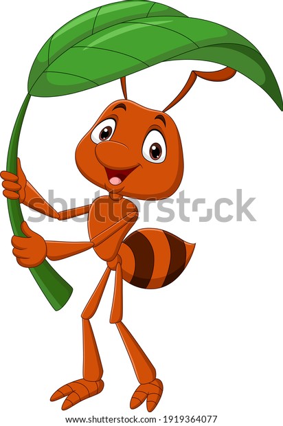 Cute ant cartoon holding
green leaf