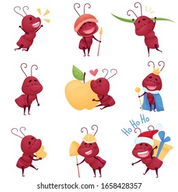 Cute Ant Character Carrying Grass Blade and Embracing Apple Vector Illustrations Set