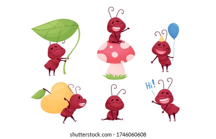 Cute Ant Character Sitting on Mushroom Cap and Carrying Huge Apple Vector Set