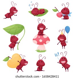 Cute Ant Character Sleeping and Carrying Big Apple Vector Illustrations Set