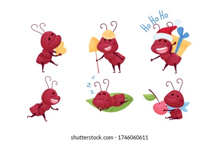 Cute Ant Character Sleeping on Leaf and Eating Cherry Vector Set