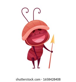 Cute Ant Character Standing with Spear and Helmet Vector Illustration