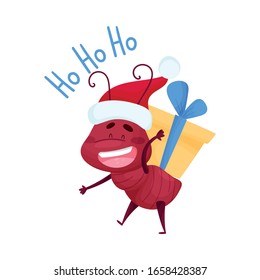 Cute Ant Character Wearing Santas Hat and Carrying Gift Box on His Back Vector Illustration