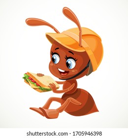 Cute ant in construction helmet sits on the floor and eats sandwich isolated on a white background