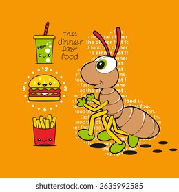 cute ant dinner fast food, isolated Flat Vector Illustration