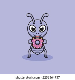 Cute ant eating donut cartoon illustration