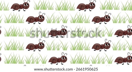 Cute ant in the grass on a white background. Seamless pattern vector illustration for printing on fabric, wrapping paper, wallpaper.