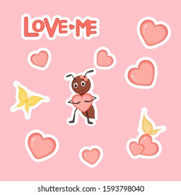Cute ant with hearts for Valentine's Day in cartoon style. Lettering Love. Stickers.