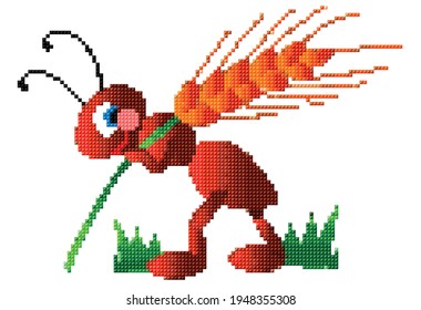 Cute ant is holding a big wheat stalk. Pixel art vector. Colored vector for card or gift. 