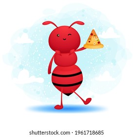 Cute ant holding pizza slice cartoon character Premium Vector