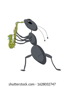 Cute ant playing saxophone, vector cartoon sketch over white