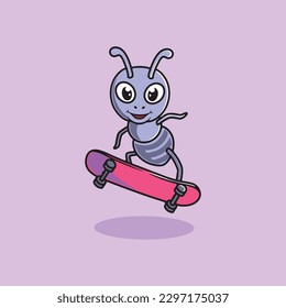 Cute ant playing skateboard cartoon illustration