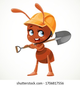 Cute ant with a shovel in hands isolated on white background