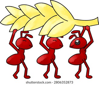 Cute ant team cartoon vector carrying leaves together with teamwork concept.