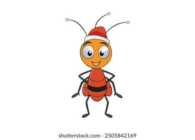 a cute ant wear christmas hat vector art illustration.