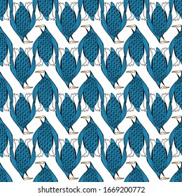 Cute Antarctic penguin seamless pattern. Hand drawn picture. Trendy vector background in blue. For the design of wrapping paper, wallpaper, curtains, tablecloths, printed products.