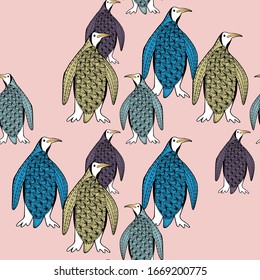 Cute Antarctic penguin seamless pattern. Hand drawn picture. Trendy vector background in blue. For the design of wrapping paper, wallpaper, curtains, tablecloths, printed products.