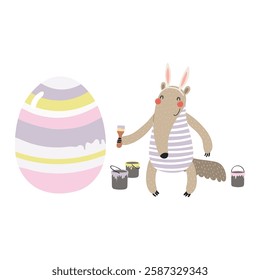 Cute anteater with bunny ears, painting Easter egg character illustration. Hand drawn flat style design, isolated vector. Holiday clip art, kids print element, seasonal card, banner, poster