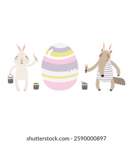 Cute anteater, bunny, painting Easter egg characters illustration. Hand drawn flat style design, isolated vector. Holiday clip art, kids print element, seasonal card, banner, poster