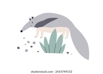 Un hormiguero lindo. Un animal de oso extraño gracioso en la naturaleza. Fauna exótica en el jardín infantil estilo escandinavo. Mamífero kawaii adorable con nariz larga, tronco. Ilustración vectorial plana aislada en fondo blanco