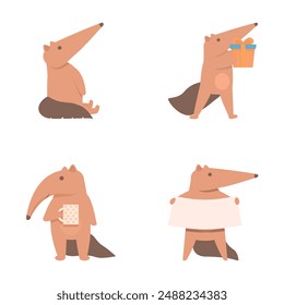 Cute anteater icons set cartoon vector. Funny anteater character. Wild nature