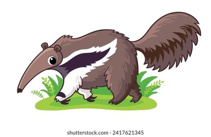 Cute anteater on a green meadow. Walking anteater drawn in  cartoon style.  Animal vector illustration. 