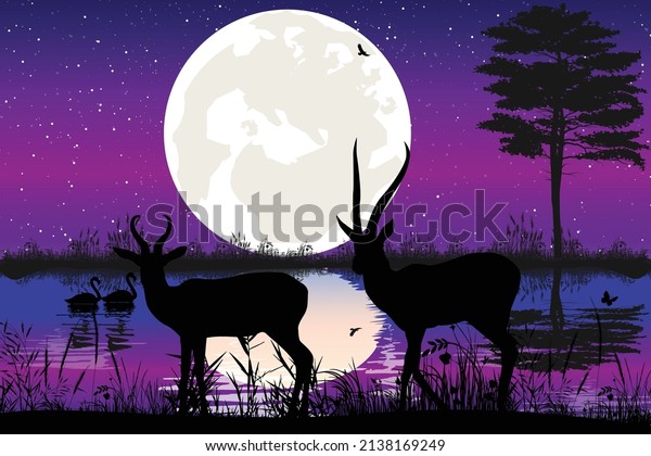 cute antelope animal\
and moon silhouette