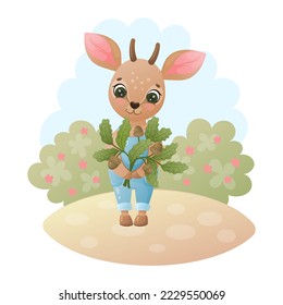 Cute antelope baby with oak twigs and acorns. Bambi. Vector children illustration. Cartoon style.