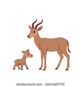 Cute antelope mother and baby, flat vector illustration, African wild animals, cartoon safari family, isolated on white background, simple wildlife design for children. Vector illustration