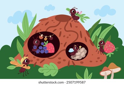 Cute anthill. Funny ants doing business. Hardworking insects. Cartoon characters forage food and lay eggs. Pismires carry building materials. Formicary labyrinth. Garish