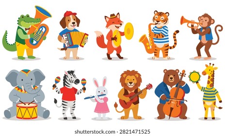 Cute anthropomorphic animals dressed as musicians playing various instruments. Fun, colorful, and whimsical scene for kids.