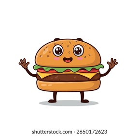 Burger antropomórfico bonito com olhos grandes e expressão feliz - personagem de fast food divertido perfeito para marca e menus infantis.