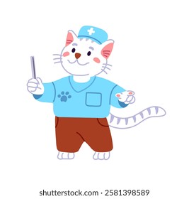 Cute anthropomorphic cat pediatrician in medical uniform cares about kids' health. Happy animal pediatric doc. Kitten medic, kitty physician. Flat isolated vector illustration on white background