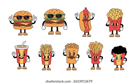 Cute anthropomorphic fast food items: hamburgers, french fries, hot dog, and soda with happy faces and animated gestures in colorful cartoon illustrations.