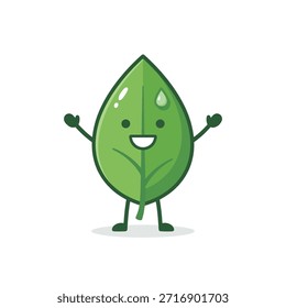 A cute, anthropomorphic green leaf character with a happy face and outstretched arms, isolated on a white background.