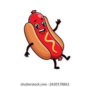 Cute anthropomorphic hot dog mascot illustration, with expressive face and bun arms and legs, ideal for advertising and snack bar promotions.