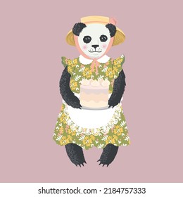 Cute anthropomorphic panda baker holding a delicious cake. Vector illustration in pastel colors.