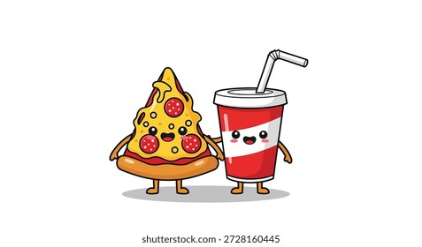 A cute, anthropomorphic slice of pepperoni pizza and a red and white striped soda cup with a straw are depicted holding hands.