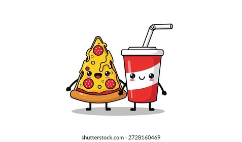 Una linda rebanada antropomórfica de pizza con pepperoni y queso derretido se encuentra junto a una taza de refresco a rayas rojas y blancas con una pajita, ambas con caras y brazos sonrientes.