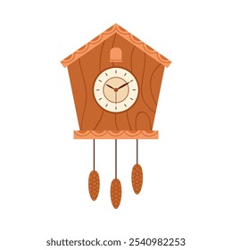 Cute antique wall clock with cuckoo, hanging pine cone pendulums vector illustration