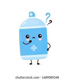 Cute antiseptic spray bottle with question mark. Vector cartoon character illustration icon design.Isolated on white background