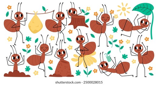 Cute ants cartoon insect characters in different poses engaged in variety of everyday activity isolated set. Funny brown mascot sunbathing building house, stocking up on food vector illustration