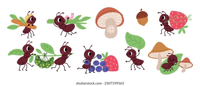 Cute ants. Funny insects work and get food. Arthropods carry caterpillars and fruits to anthill. Organized community. Natural creatures. Cartoon pismire characters