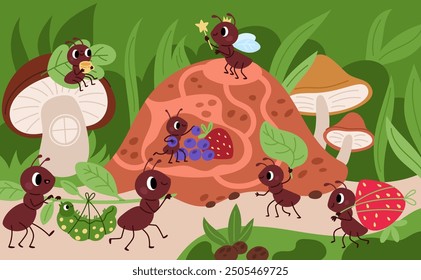 Cute ants life. Cartoon insects do different things. Animals carry caterpillars to anthill. Working pismires. Bugs holding food and leaves. Relaxing termites. Garish