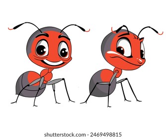Cute ants set. Cartoon character. Vector illustration of funny ant isolated on white.